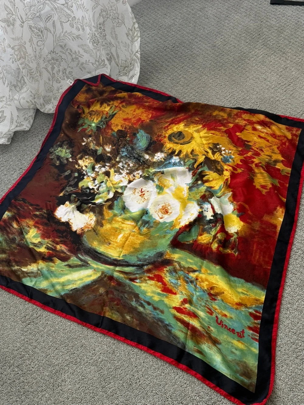 Vintage Dujinsheng 100% Silk Van Gogh Sunflowers Scarf, Made in Hangzhou, China